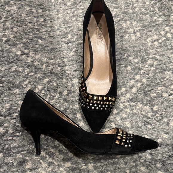 DKNY Black Suede Studded Heels sz 9 - Picture 1 of 5